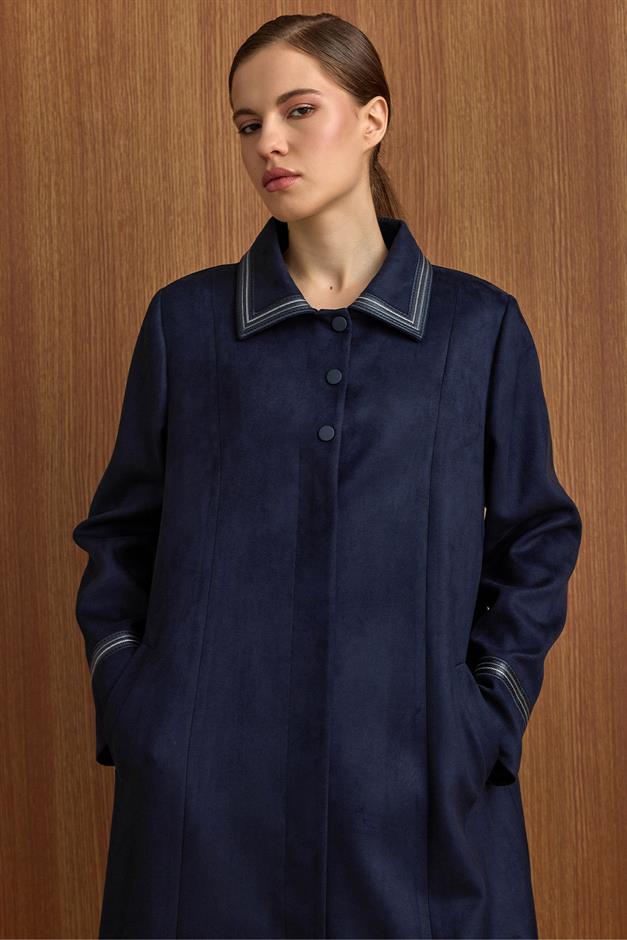 Gömlek Yaka Deri ve İşleme Detaylı Süet Görünümlü Büyük Beden Pardesü LACİVERT 6798