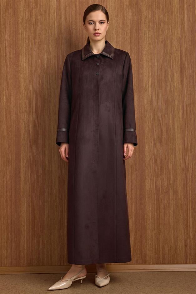 Gömlek Yaka Deri ve İşleme Detaylı Süet Görünümlü Büyük Beden Pardesü K. KAHVE 6798