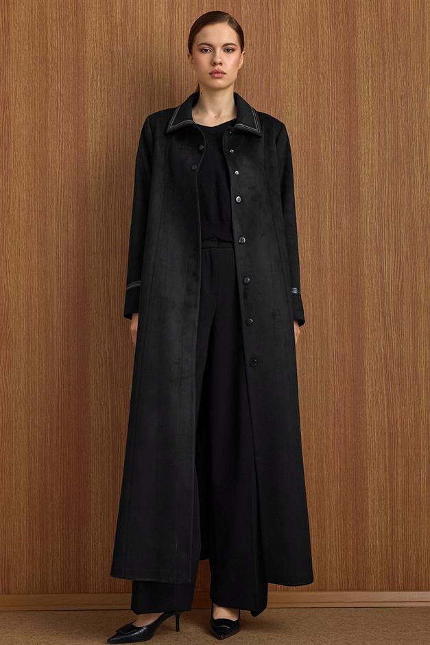 Gömlek Yaka Deri ve İşleme Detaylı Süet Görünümlü Büyük Beden Pardesü SİYAH 6798