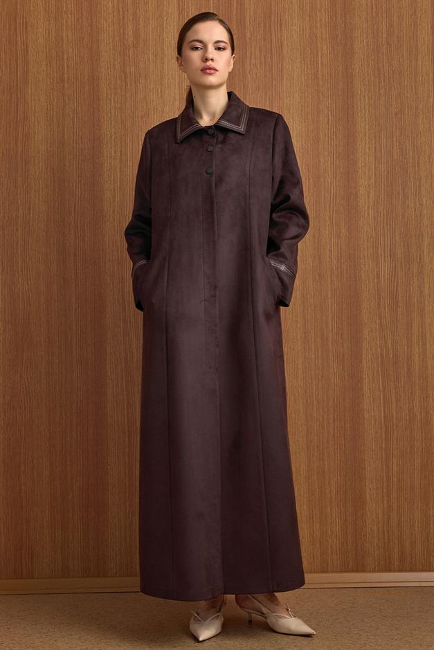 Gömlek Yaka Deri ve İşleme Detaylı Süet Görünümlü Büyük Beden Pardesü K. KAHVE 6798