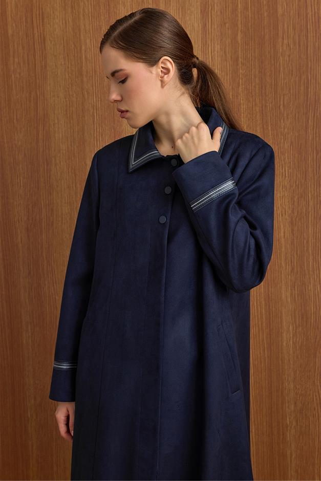 Gömlek Yaka Deri ve İşleme Detaylı Süet Görünümlü Büyük Beden Pardesü LACİVERT 6798