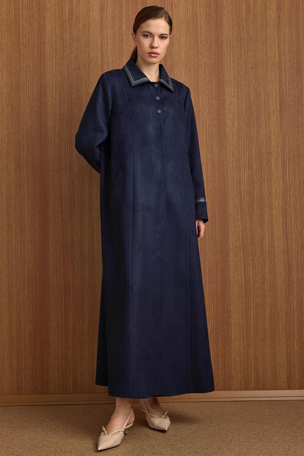 Gömlek Yaka Deri ve İşleme Detaylı Süet Görünümlü Büyük Beden Pardesü LACİVERT 6798