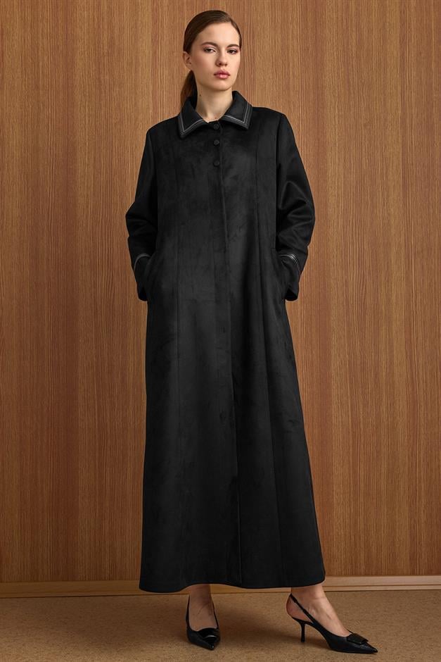 Gömlek Yaka Deri ve İşleme Detaylı Süet Görünümlü Büyük Beden Pardesü SİYAH 6798