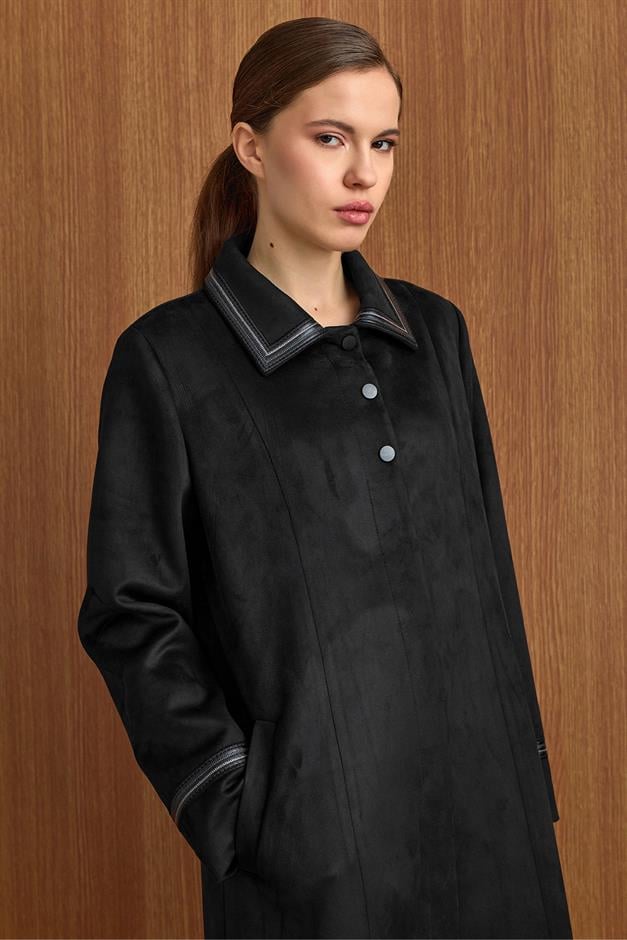 Gömlek Yaka Deri ve İşleme Detaylı Süet Görünümlü Büyük Beden Pardesü SİYAH 6798
