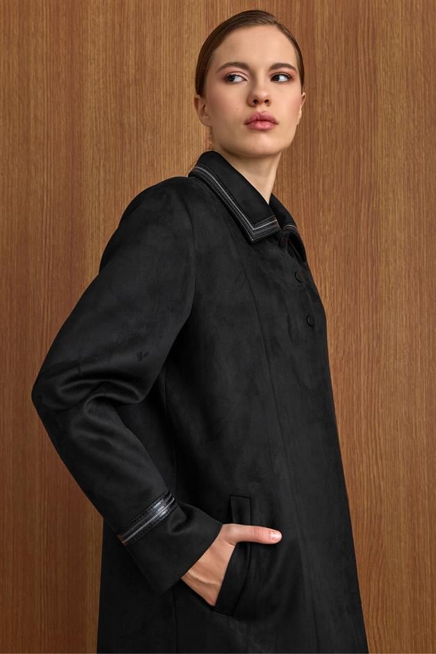Gömlek Yaka Deri ve İşleme Detaylı Süet Görünümlü Büyük Beden Pardesü SİYAH 6798