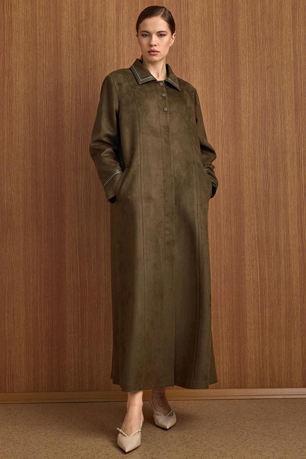 Gömlek Yaka Deri ve İşleme Detaylı Süet Görünümlü Büyük Beden Pardesü K.HAKİ 6798