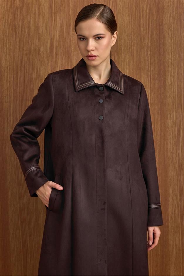 Gömlek Yaka Deri ve İşleme Detaylı Süet Görünümlü Büyük Beden Pardesü K. KAHVE 6798