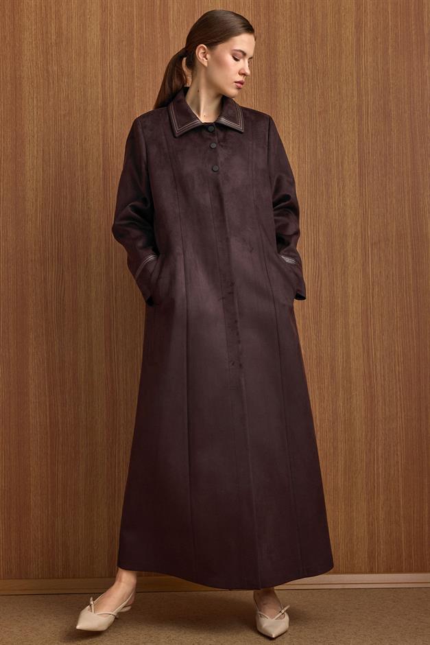 Gömlek Yaka Deri ve İşleme Detaylı Süet Görünümlü Büyük Beden Pardesü K. KAHVE 6798
