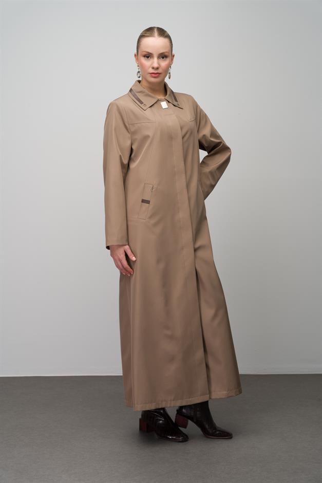 Gömlek Yaka Deri ve Metal Aksesuarlı Büyük Beden Astarlı Trenç Pardesü VİZON 4299