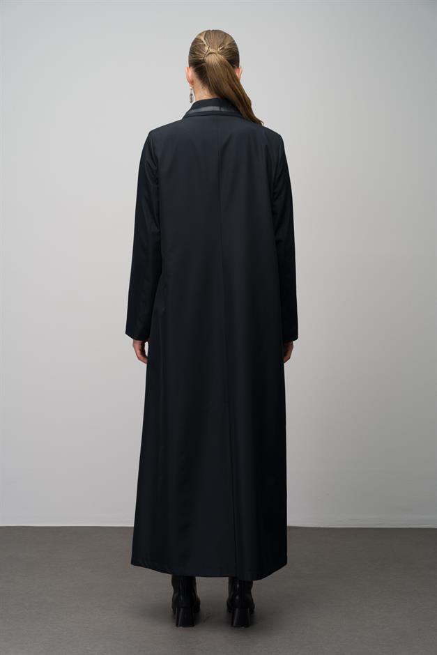 Gömlek Yaka Deri ve Metal Aksesuarlı Büyük Beden Astarlı Trenç Pardesü LACİVERT 4299