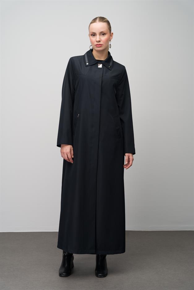 Gömlek Yaka Deri ve Metal Aksesuarlı Büyük Beden Astarlı Trenç Pardesü LACİVERT 4299