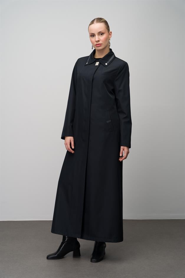 Gömlek Yaka Deri ve Metal Aksesuarlı Büyük Beden Astarlı Trenç Pardesü LACİVERT 4299