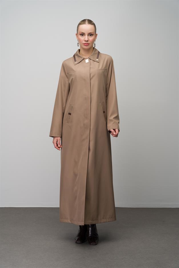 Gömlek Yaka Deri ve Metal Aksesuarlı Büyük Beden Astarlı Trenç Pardesü VİZON 4299
