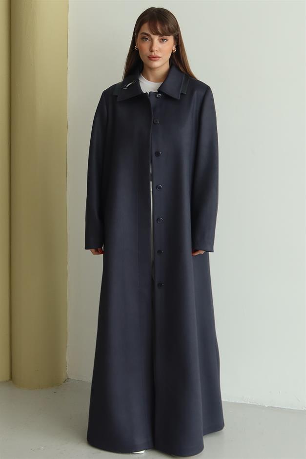 Gömlek Yaka Deri ve Taş Aksesuarlı Büyük Beden Gabardin Süet Pardesü LACİVERT 6796