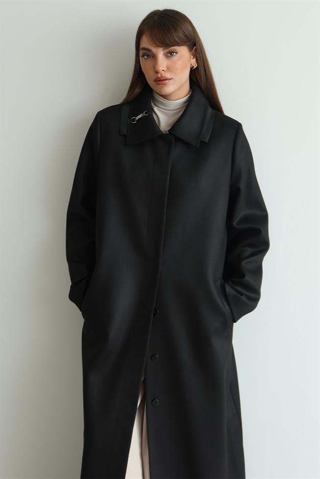 Gömlek Yaka Deri ve Taş Aksesuarlı Büyük Beden Gabardin Süet Pardesü SİYAH 6796