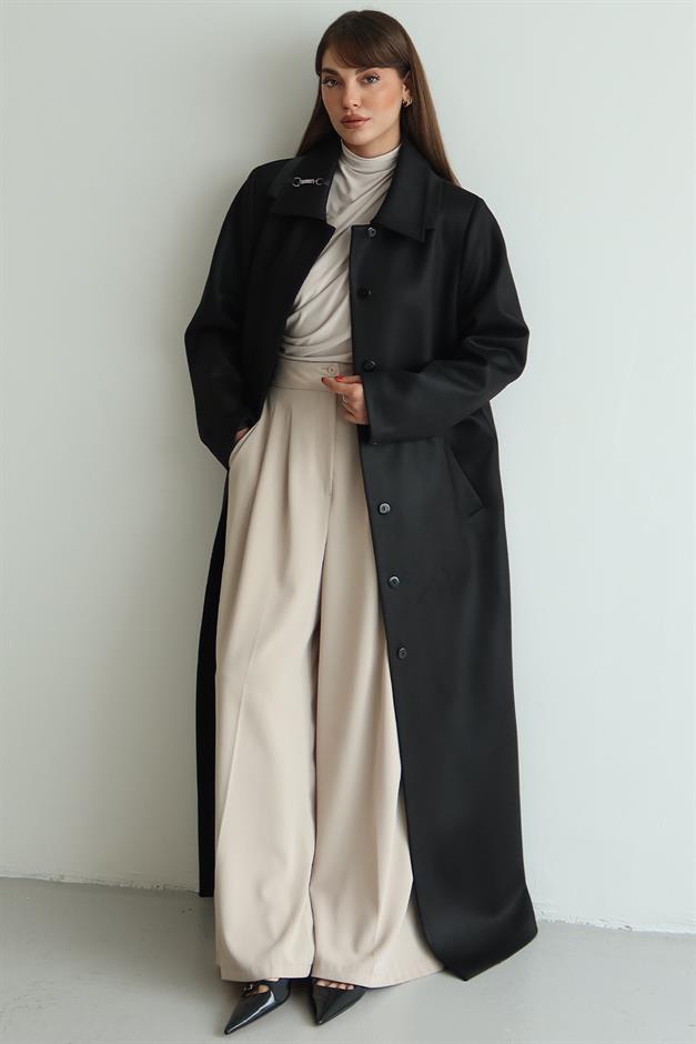 Gömlek Yaka Deri ve Taş Aksesuarlı Büyük Beden Gabardin Süet Pardesü SİYAH 6796