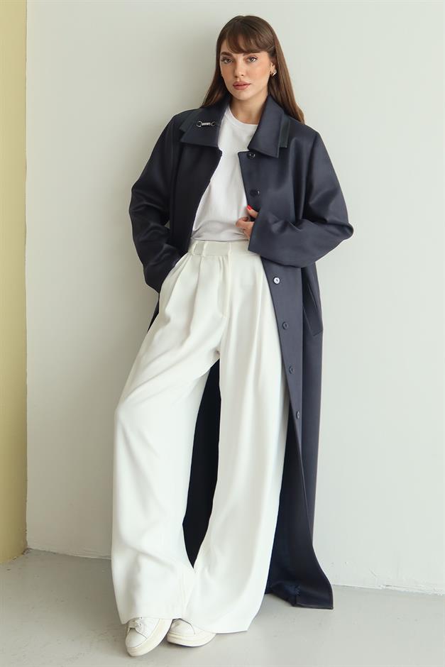 Gömlek Yaka Deri ve Taş Aksesuarlı Büyük Beden Gabardin Süet Pardesü LACİVERT 6796