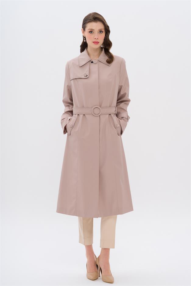 Shirt Collar Stitch Detailed Plus Size Trench Coat BEIGE 4300