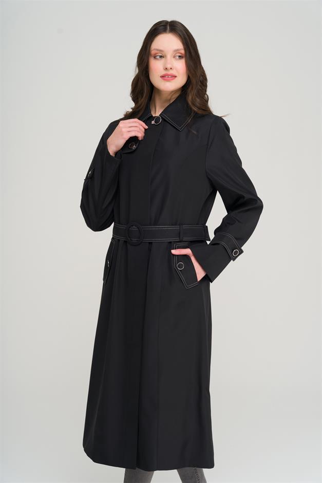 Shirt Collar Stitch Detailed Plus Size Trench Coat BLACK 4300