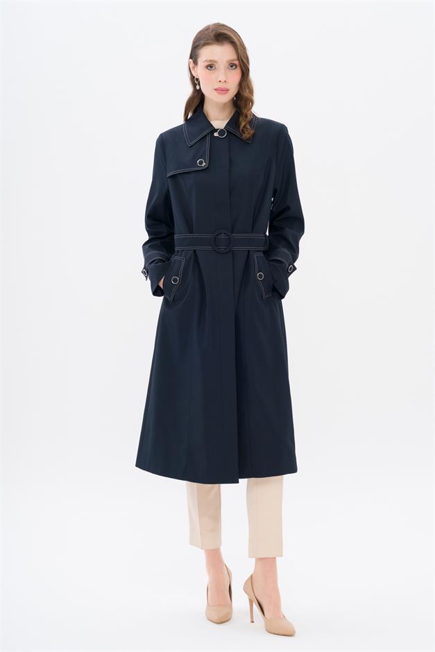 Shirt Collar Stitch Detailed Plus Size Trench Coat NAVY 4300