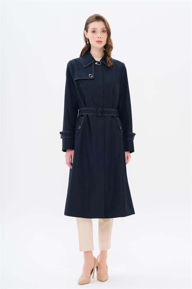 Shirt Collar Stitch Detailed Plus Size Trench Coat NAVY 4300
