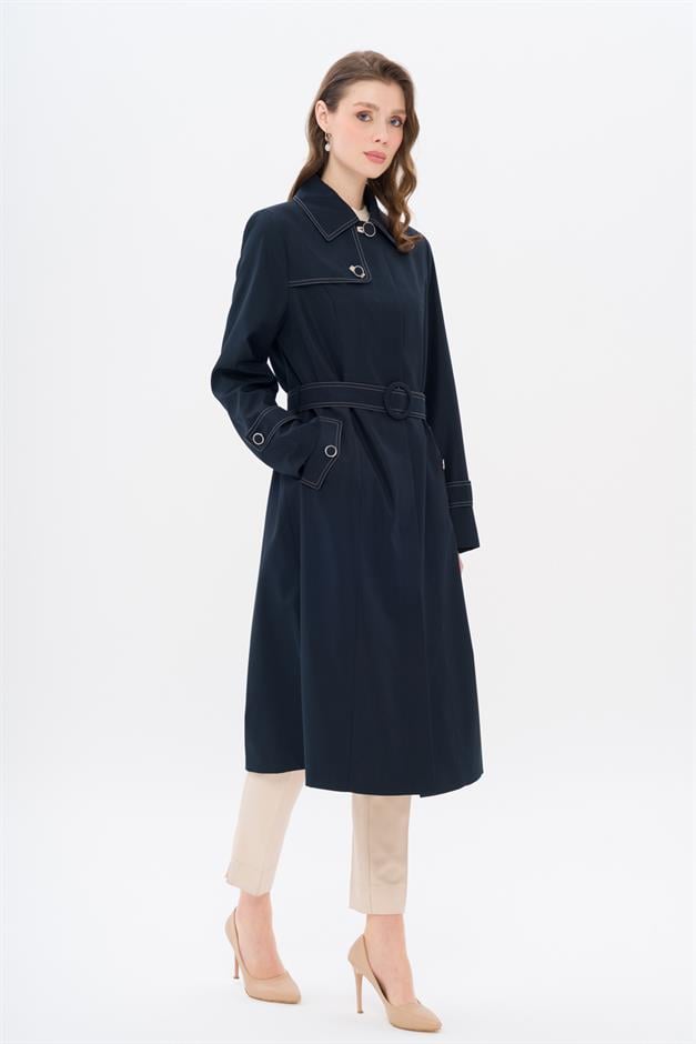 Shirt Collar Stitch Detailed Plus Size Trench Coat NAVY 4300
