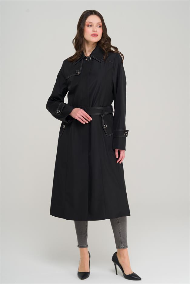 Shirt Collar Stitch Detailed Plus Size Trench Coat BLACK 4300