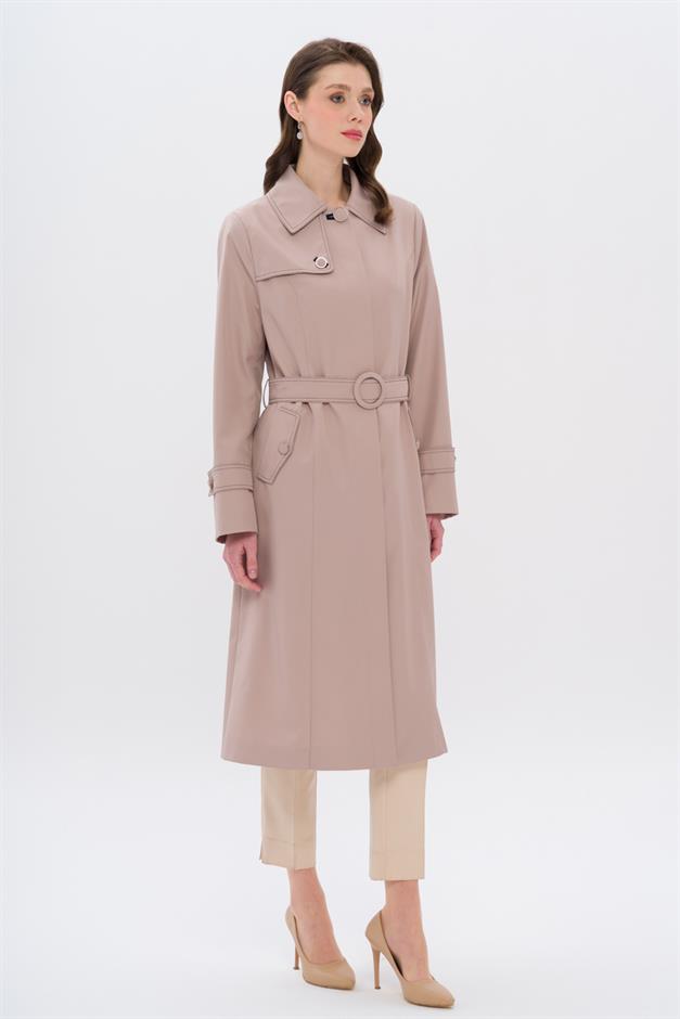 Shirt Collar Stitch Detailed Plus Size Trench Coat BEIGE 4300
