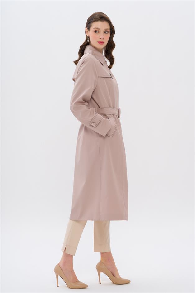 Shirt Collar Stitch Detailed Plus Size Trench Coat BEIGE 4300