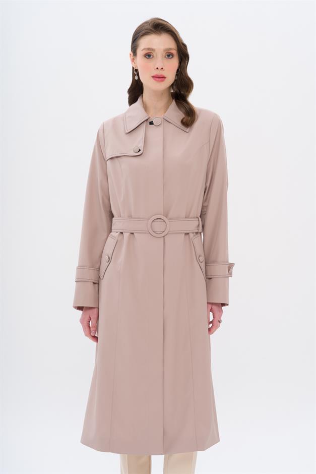 Shirt Collar Stitch Detailed Plus Size Trench Coat BEIGE 4300