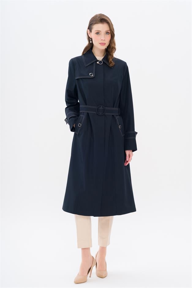 Shirt Collar Stitch Detailed Plus Size Trench Coat NAVY 4300
