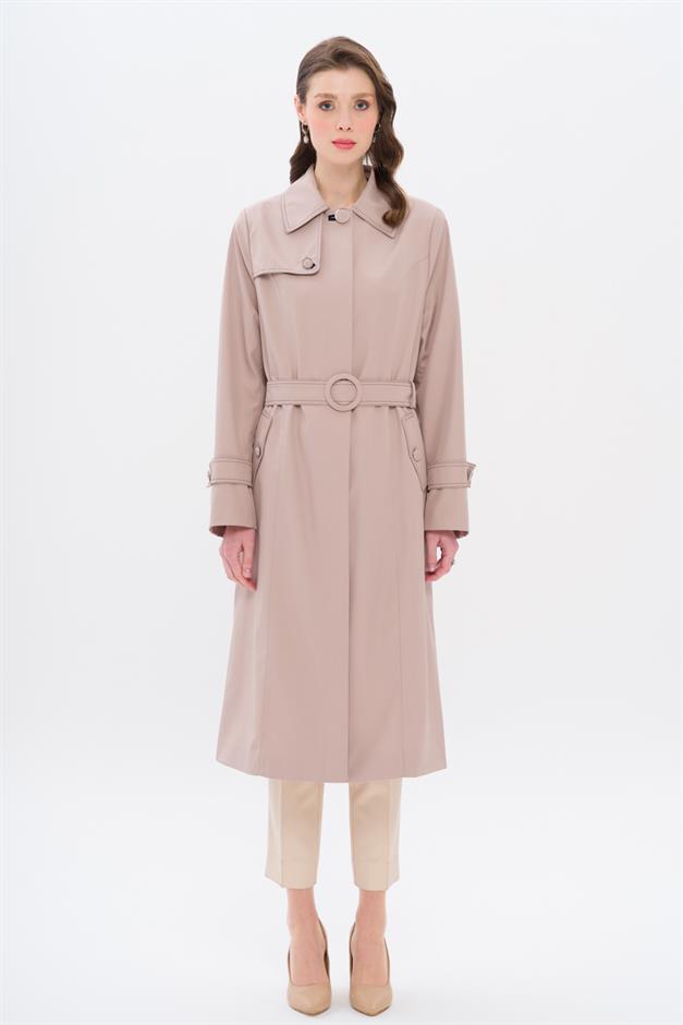 Shirt Collar Stitch Detailed Plus Size Trench Coat BEIGE 4300