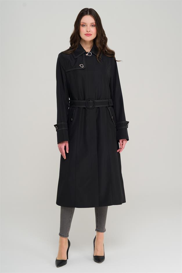 Shirt Collar Stitch Detailed Plus Size Trench Coat BLACK 4300