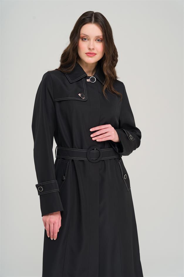 Shirt Collar Stitch Detailed Plus Size Trench Coat BLACK 4300