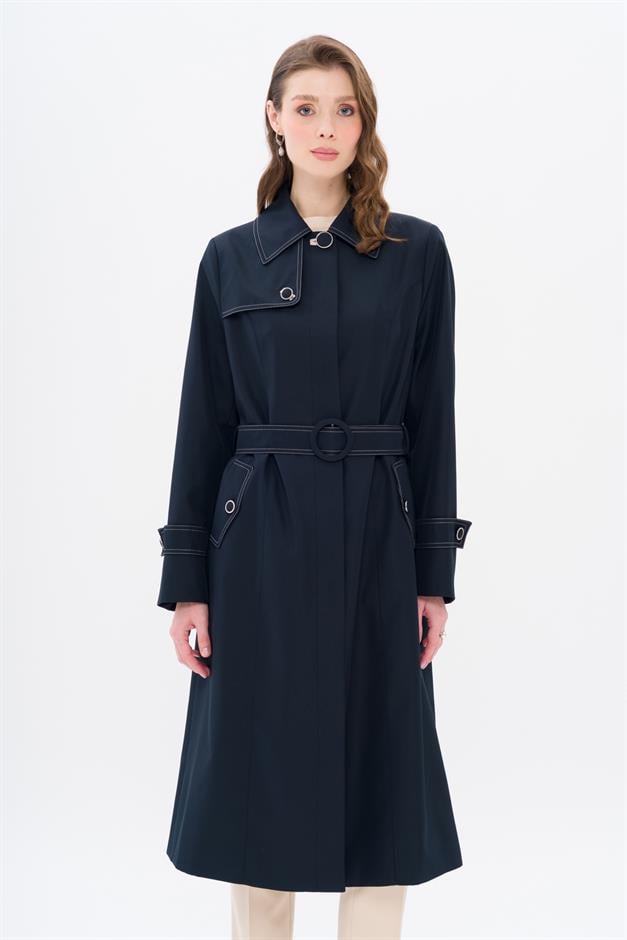 Shirt Collar Stitch Detailed Plus Size Trench Coat NAVY 4300