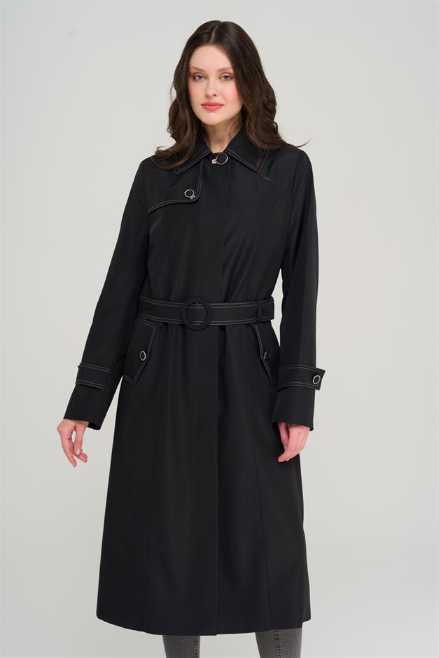 Shirt Collar Stitch Detailed Plus Size Trench Coat BLACK 4300