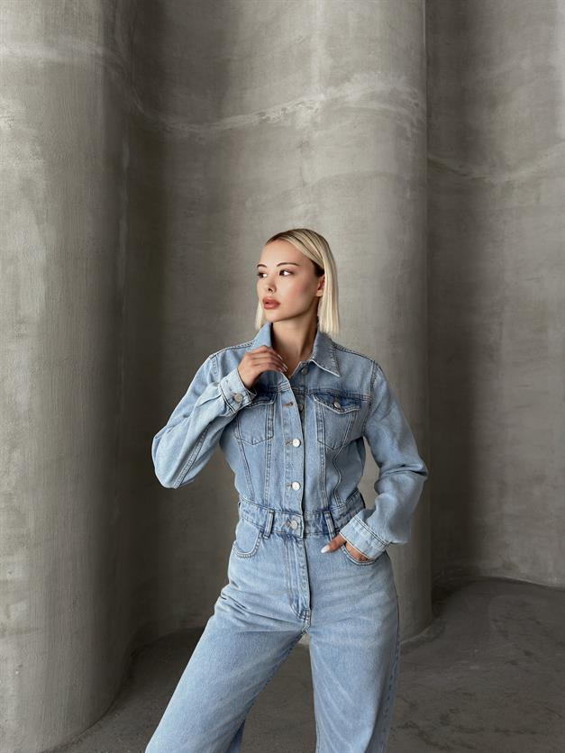 Shirt Collar Buttoned Denim Overalls LIGHT BLUE 9248