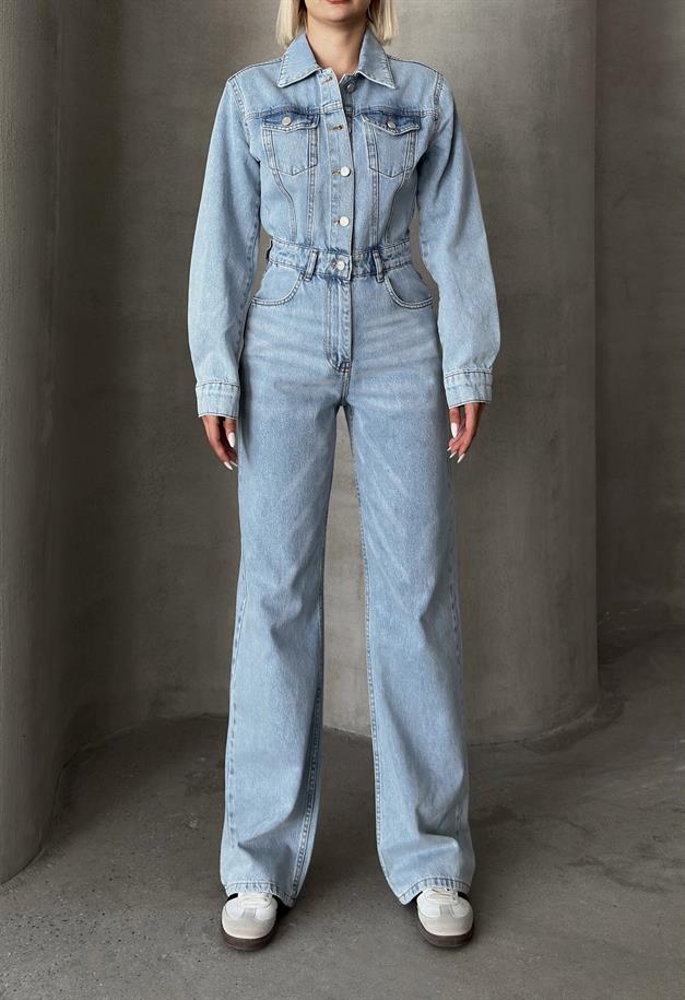 Shirt Collar Buttoned Denim Overalls LIGHT BLUE 9248