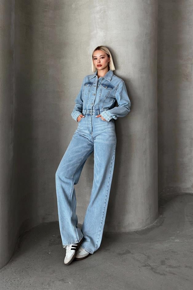 Shirt Collar Buttoned Denim Overalls LIGHT BLUE 9248