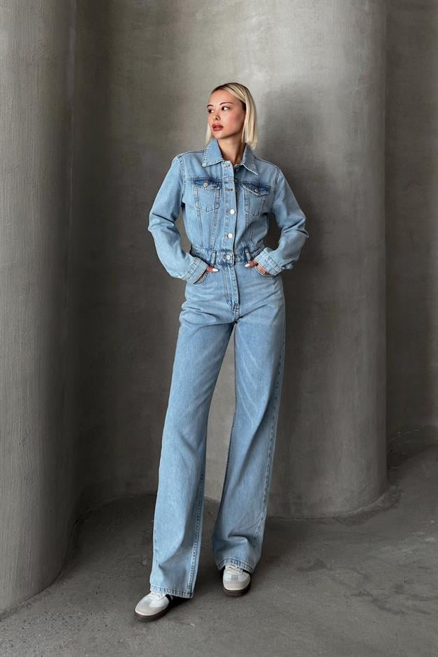 Shirt Collar Buttoned Denim Overalls LIGHT BLUE 9248