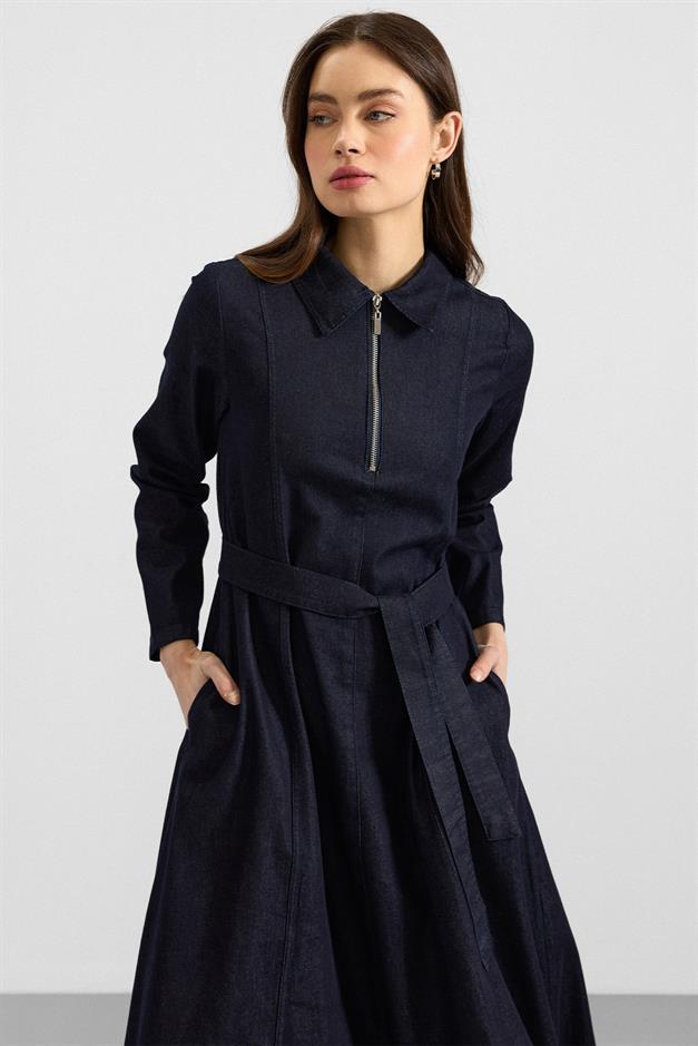 Gömlek Yaka Fermuar Detaylı Kloş Denim Elbise LACİVERT 9389-E