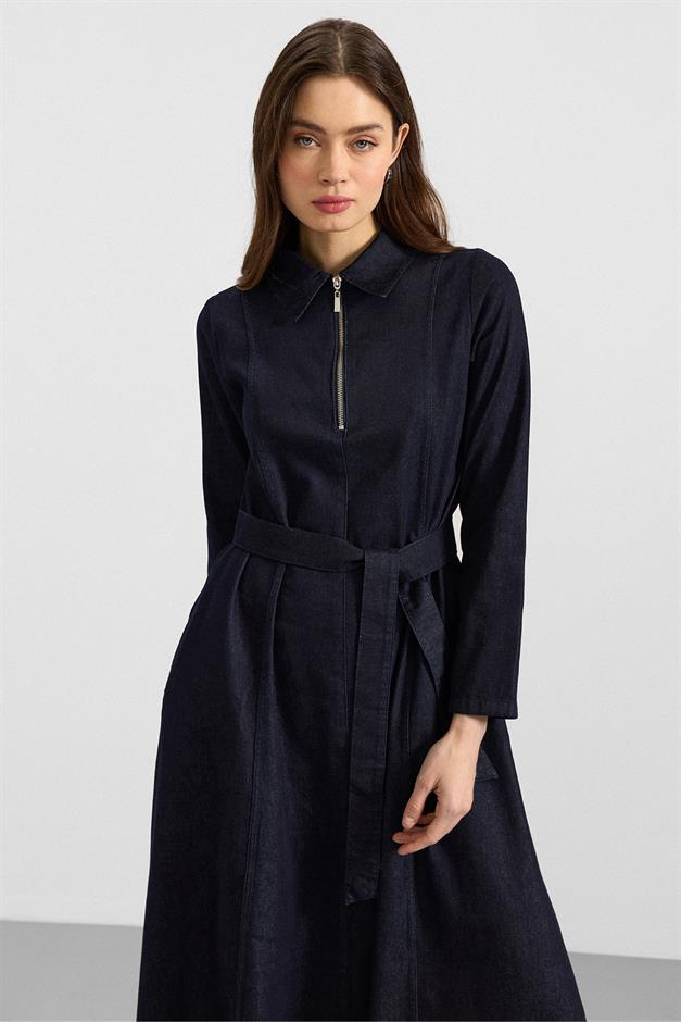 Gömlek Yaka Fermuar Detaylı Kloş Denim Elbise LACİVERT 9389-E