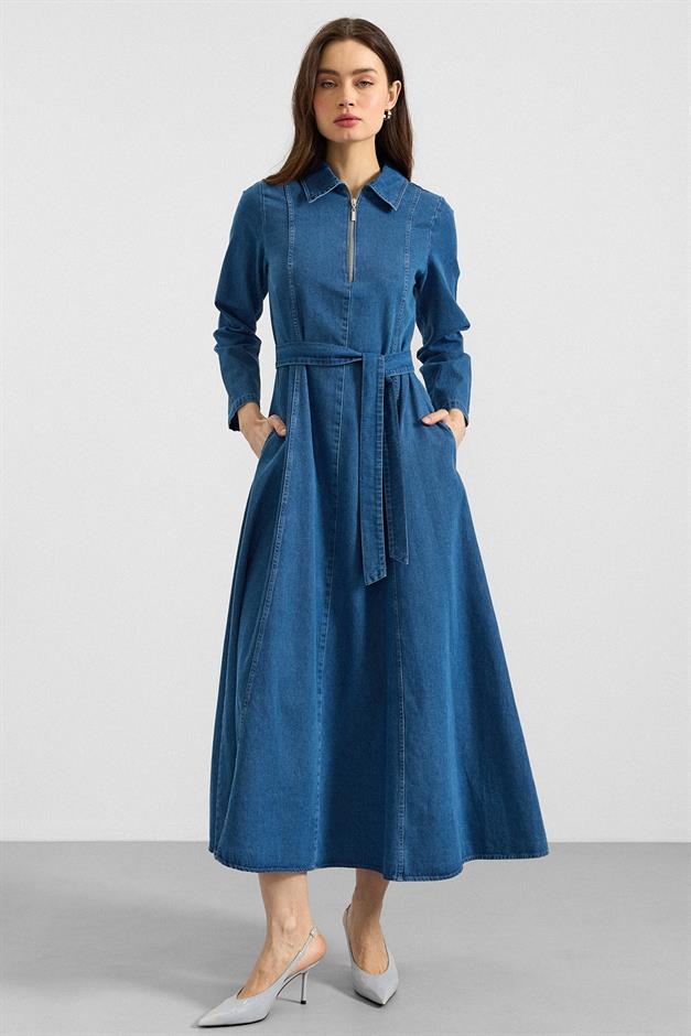 Gömlek Yaka Fermuar Detaylı Kloş Denim Elbise MAVİ 9389-E