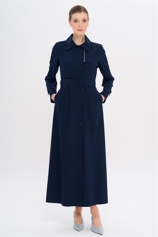 Gömlek Yaka Fermuar ve Çıt Çıt Kapamalı Astarlı Pardesü LACİVERT 6727