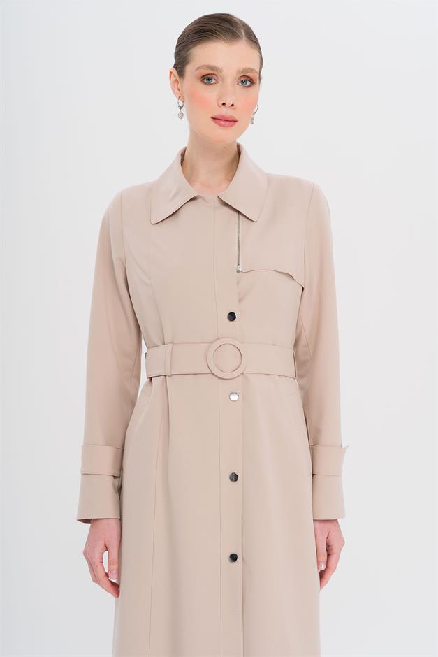 Gömlek Yaka Fermuar ve Çıt Çıt Kapamalı Astarlı Pardesü BEJ 6727