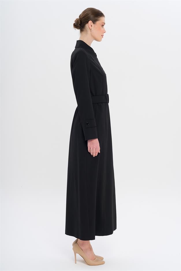 Gömlek Yaka Fermuar ve Çıt Çıt Kapamalı Astarlı Pardesü SİYAH 6727