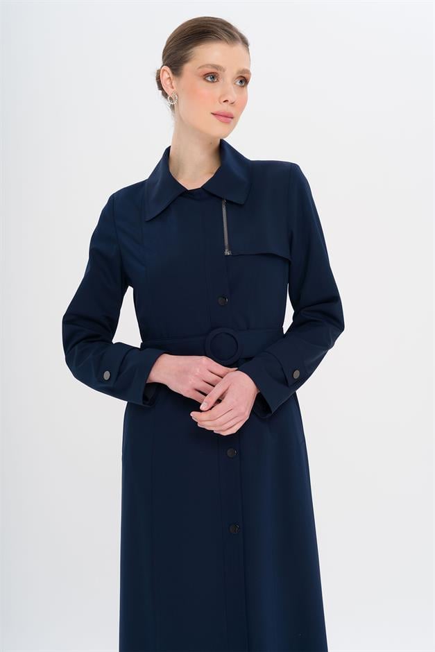 Gömlek Yaka Fermuar ve Çıt Çıt Kapamalı Astarlı Pardesü LACİVERT 6727