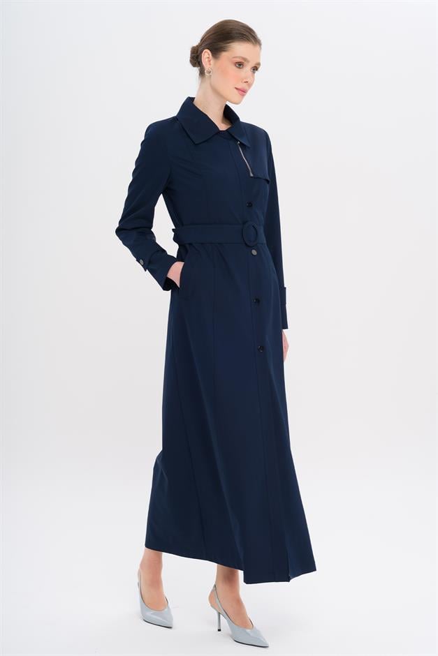 Gömlek Yaka Fermuar ve Çıt Çıt Kapamalı Astarlı Pardesü LACİVERT 6727