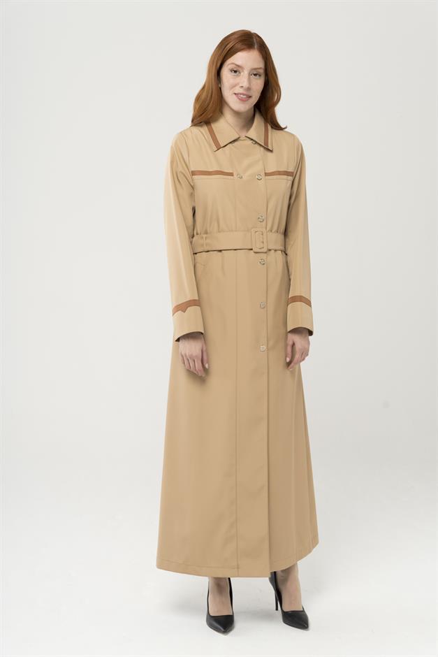 Gömlek Yaka Garni Detaylı Kruvaze Uzun Trençkot Pardesü KAMEL 4288