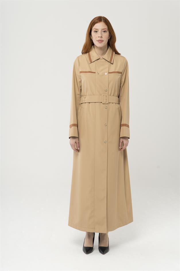 Gömlek Yaka Garni Detaylı Kruvaze Uzun Trençkot Pardesü KAMEL 4288
